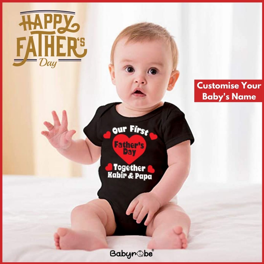 "Baby onesie with personalized name for a special Father's Day."
