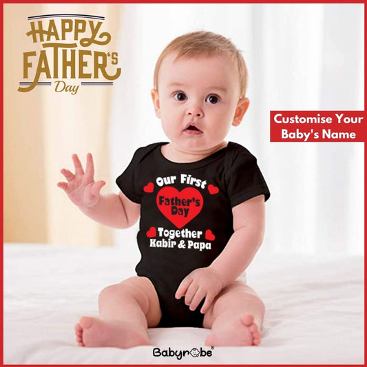 "Baby onesie with personalized name for a special Father's Day."
