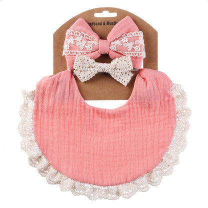 Baby Girl Lace Bib+Hairband Bows Set