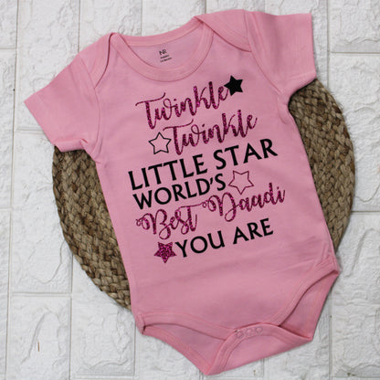 "Custom baby romper featuring a fun print and personalized text."