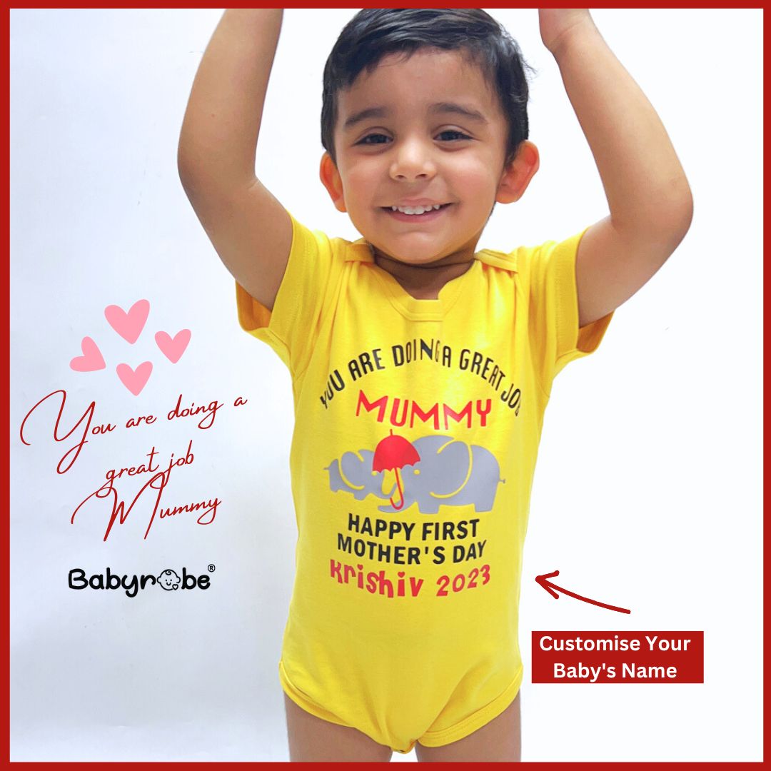 Baby onesie with personalized name for a special Mother's Day."
