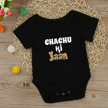 "Adorable, high-quality baby onesie with personalized text or design chachu ki jaan."