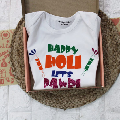"Custom name Happy Holi Let's Pawri  onesie for your little one."